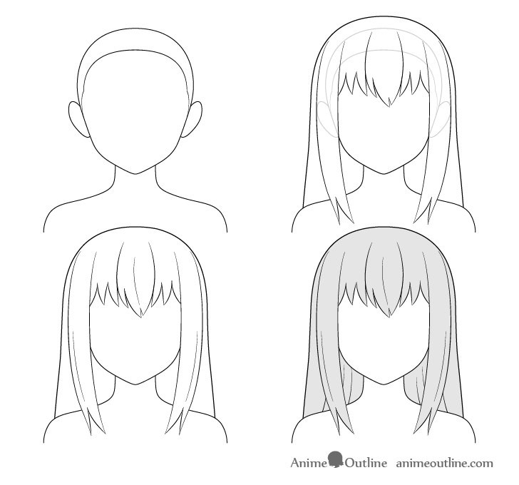 Anime long hair step by step drawing