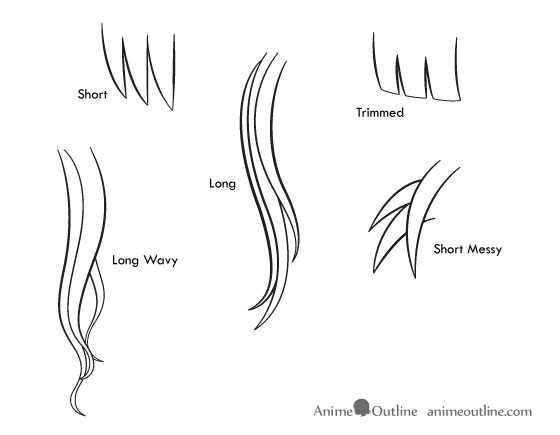 short, short messy, trimmed, long, long messy anime hair examples