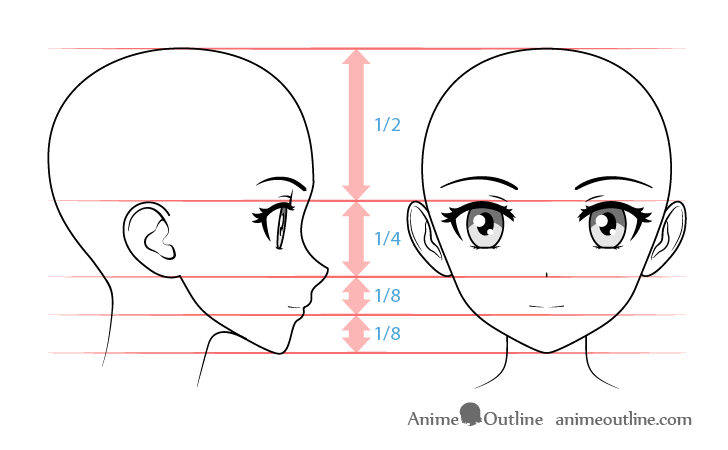 Anime girl face proportons from and side view