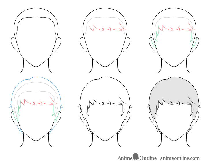 Anime combed male hair drawing step by step