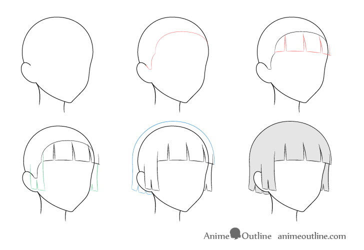 Anime trimmed hair wind 3/4 view drawing step by step