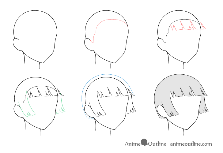 Anime trimmed hair blowing in wind 3/4 view drawing step by step