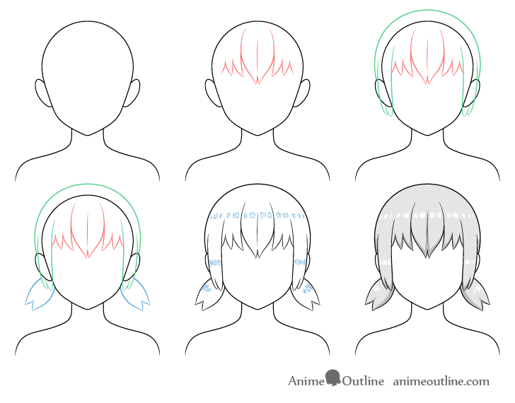 Anime short pigtails hair drawing step by step