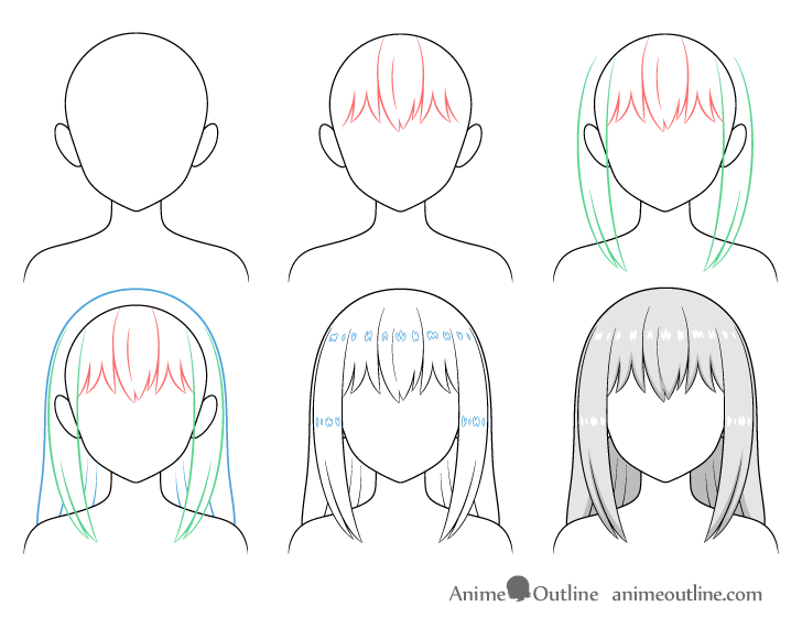 Long anime hair drawing step by step