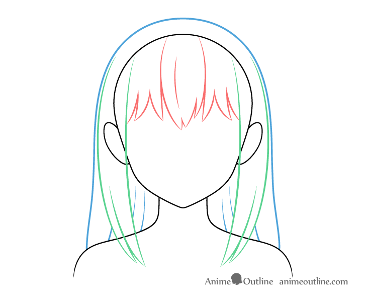 Long anime hair top and back drawing